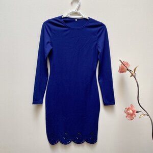 New Women Slim Solid Blue Midi Lace Cut Out Long Sleeve Bodycon Pullover Dress